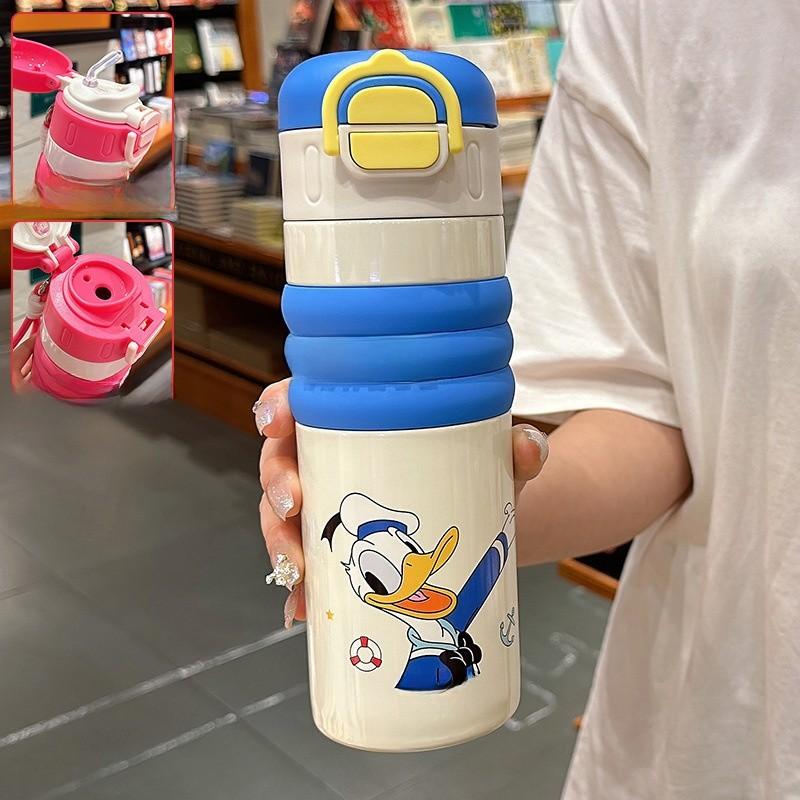 Donald Duck Childrens Thermos Bottle With Double Drink Straw For School Use