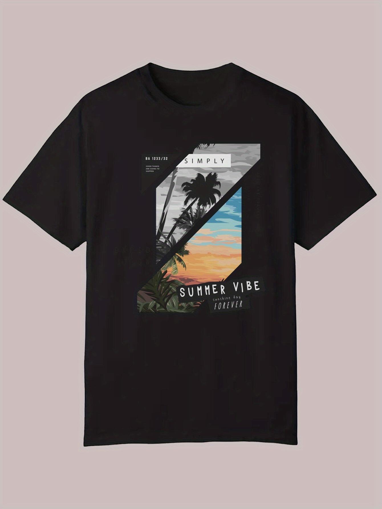 Summer Casual Short Sleeve T-shirt - Black Tropical Sunset Palm Tree Print S