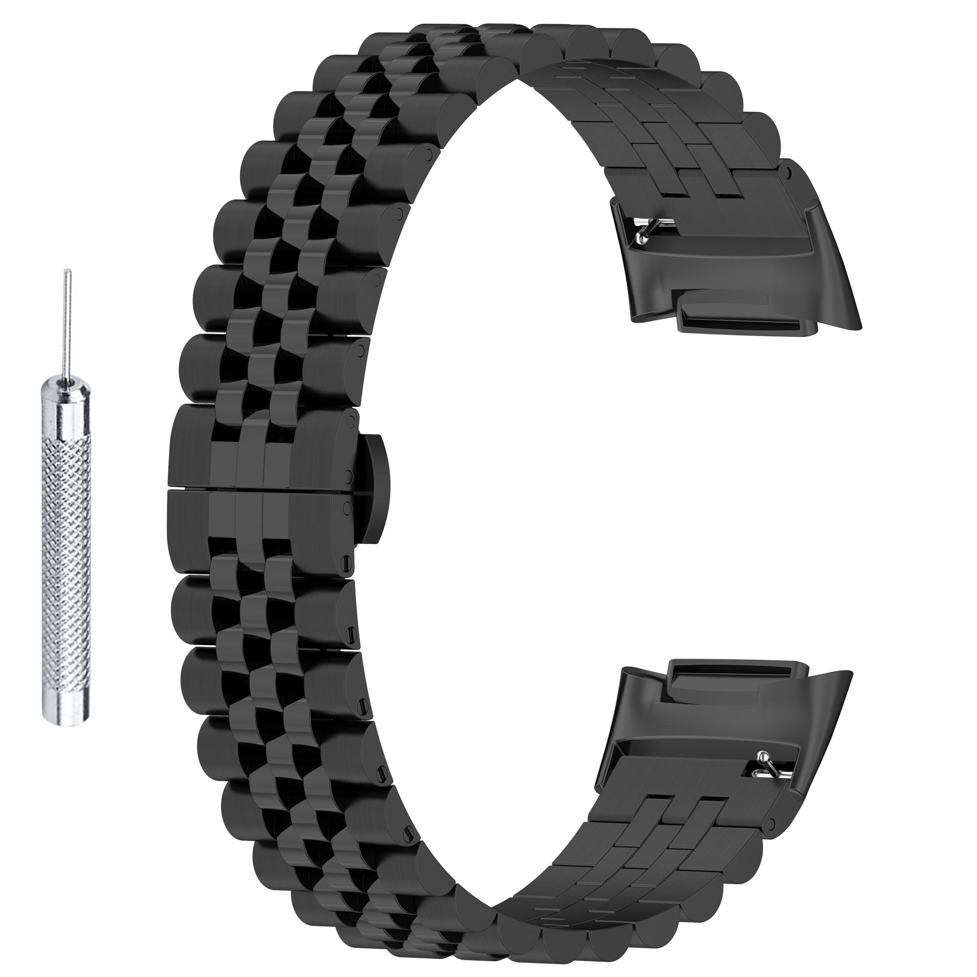 

For Fitbit Charge 6/5 Stainless Steel Metal Watch Band 5 Beads Butterfly Buckle Clasp Bracelet Strap with Tool Black