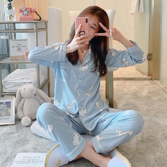 Spring And Autumn Pajamas Women'S Cardigan Long-Sleeved Trousers Korean Girls' Simple Cartoon Loungewear Suit Can Be Worn Outside