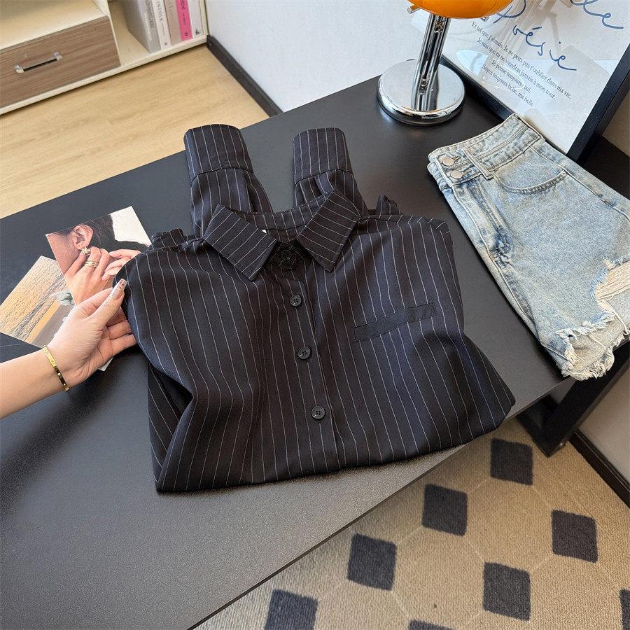 French Chic Elegant Striped Blouse: Versatile Long Sleeve Slimming Shirt for Spring & Autumn Women L чёрный