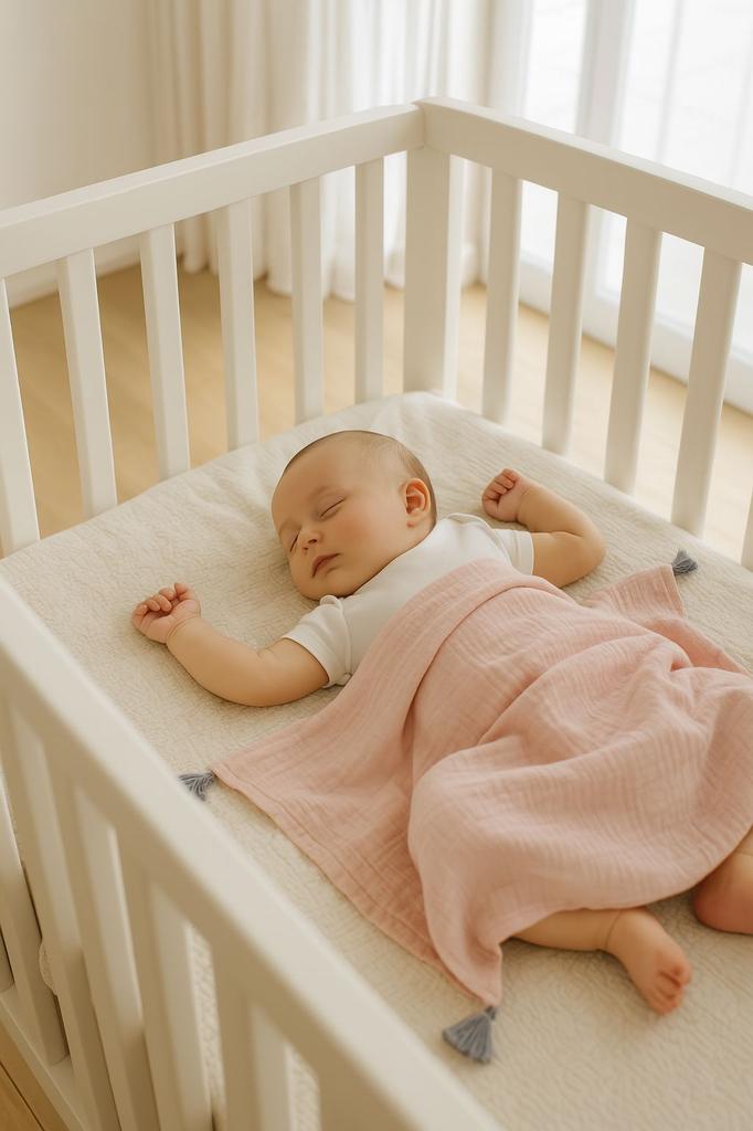Muslin baby blanket with tassels - pastel pink
