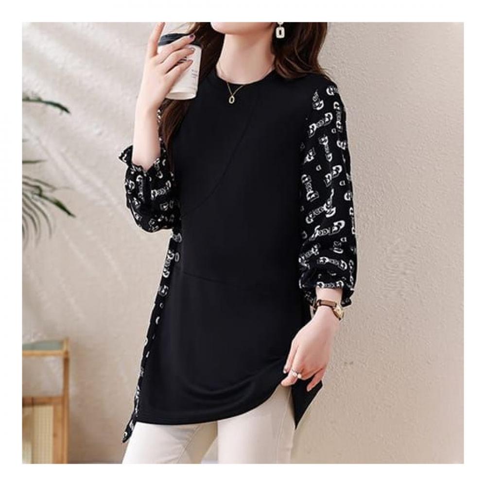 Navava Women Lettering Pattern Round Neck Long Sleeve Blouse Nb2336