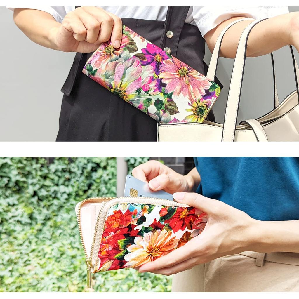 Trendy Yamagishi Genuine Leather Long Wallet for Women, Round Zipper Wallet with Card Slots, Coin Purse, and Floral Print, Made in Italy, Yellow