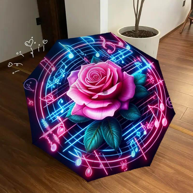 1pc Rose Music Automatic Folding Umbrella, Heavy Duty 8 Rib Iron Frame,  Suitable for Travel, Daily Use, Birthday, Decor Gift  68