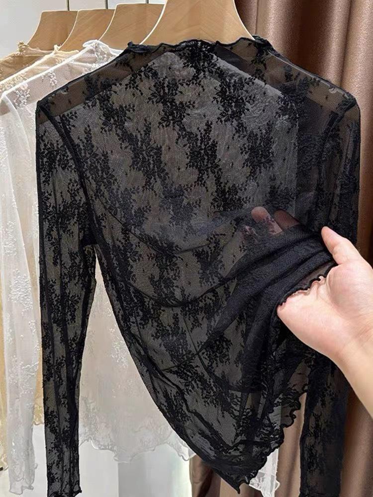 

Women s Lace High Neck Ruffle Top - New Autumn 2026 Long Sleeve Base Layer One Size (Recommended for up to 120 lbs) чёрный