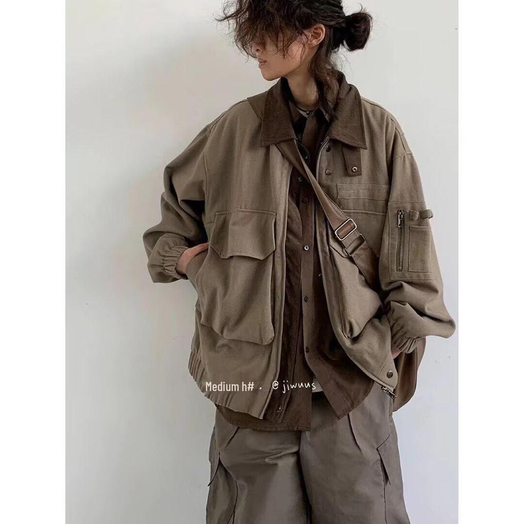 Unisex Japanese Retro Workwear Jacket: Multi-Pocket, Lapel, Loose Fit for Spring/Autumn