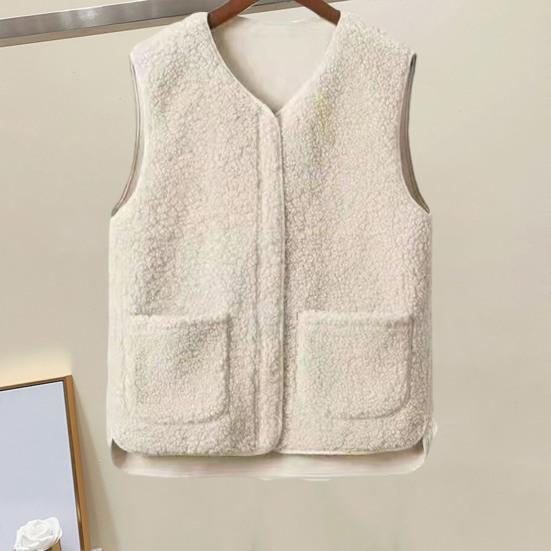 Women Fall Spring Vest Round Neck Thick Fleece Pockets Solid Color Sleeveless Zipper
