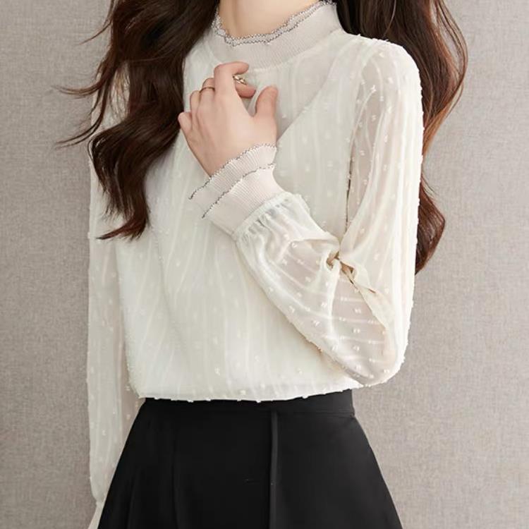 Autumn New Chiffon Top with Black Ears Lace Base Shirt for Women Age-reducing Fashionable Pullover