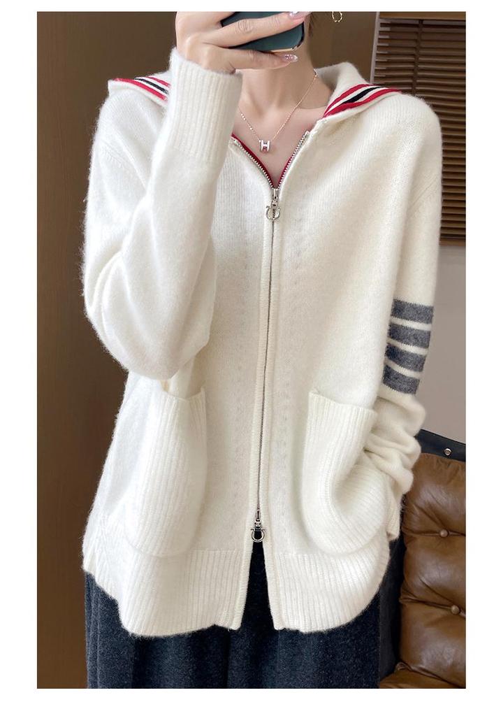 Women's Striped Color Block Hooded Cashmere Cardigan - Autumn/Winter Loose Casual 100% Pure Wool Jacket
