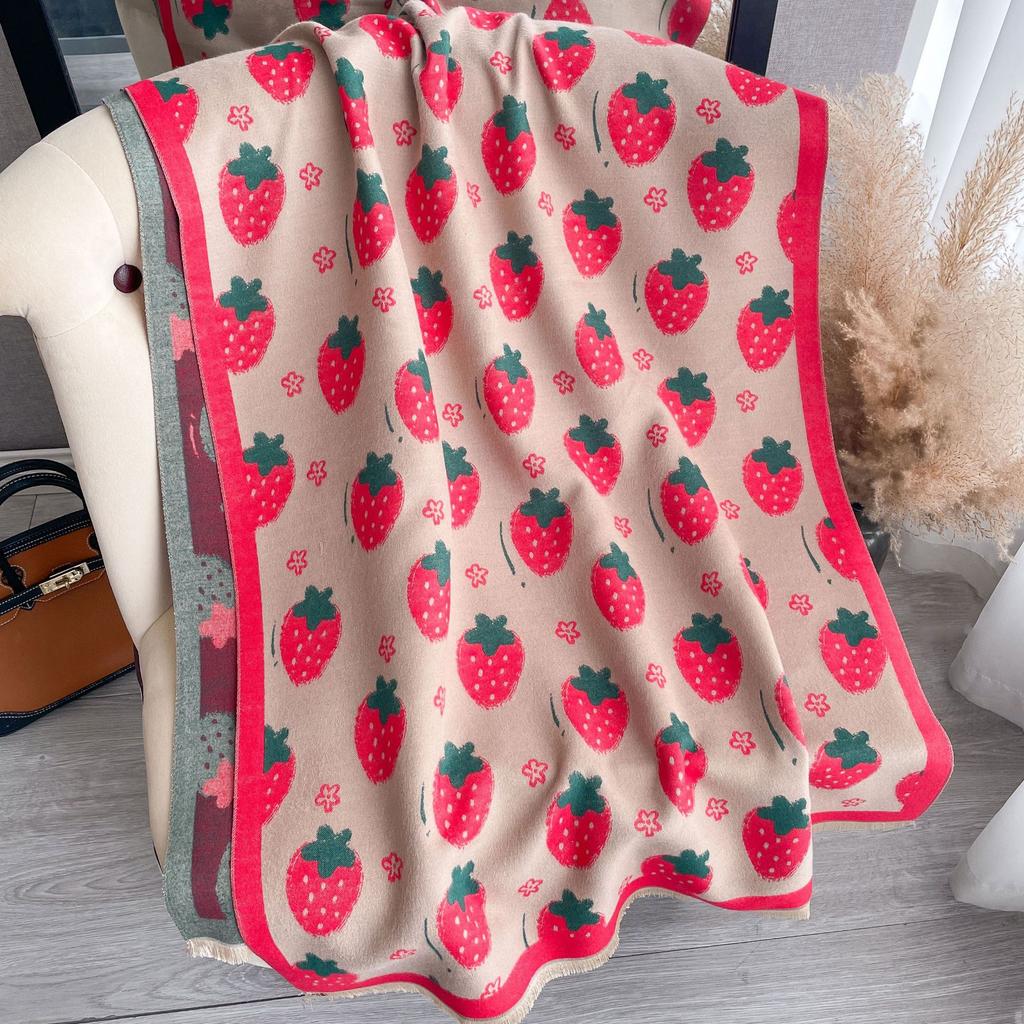 Korean Version Cute Strawberry Imitation Cashmere Scarf Women'S Long Travel Sunscreen Printed Fringed Medium Long Shawl