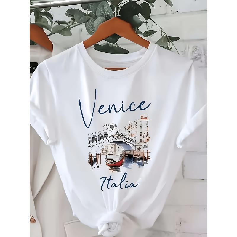 Summer Western Architectural Print Round Neck Regular T-Shirt, Casual Regular Printed Top S белый