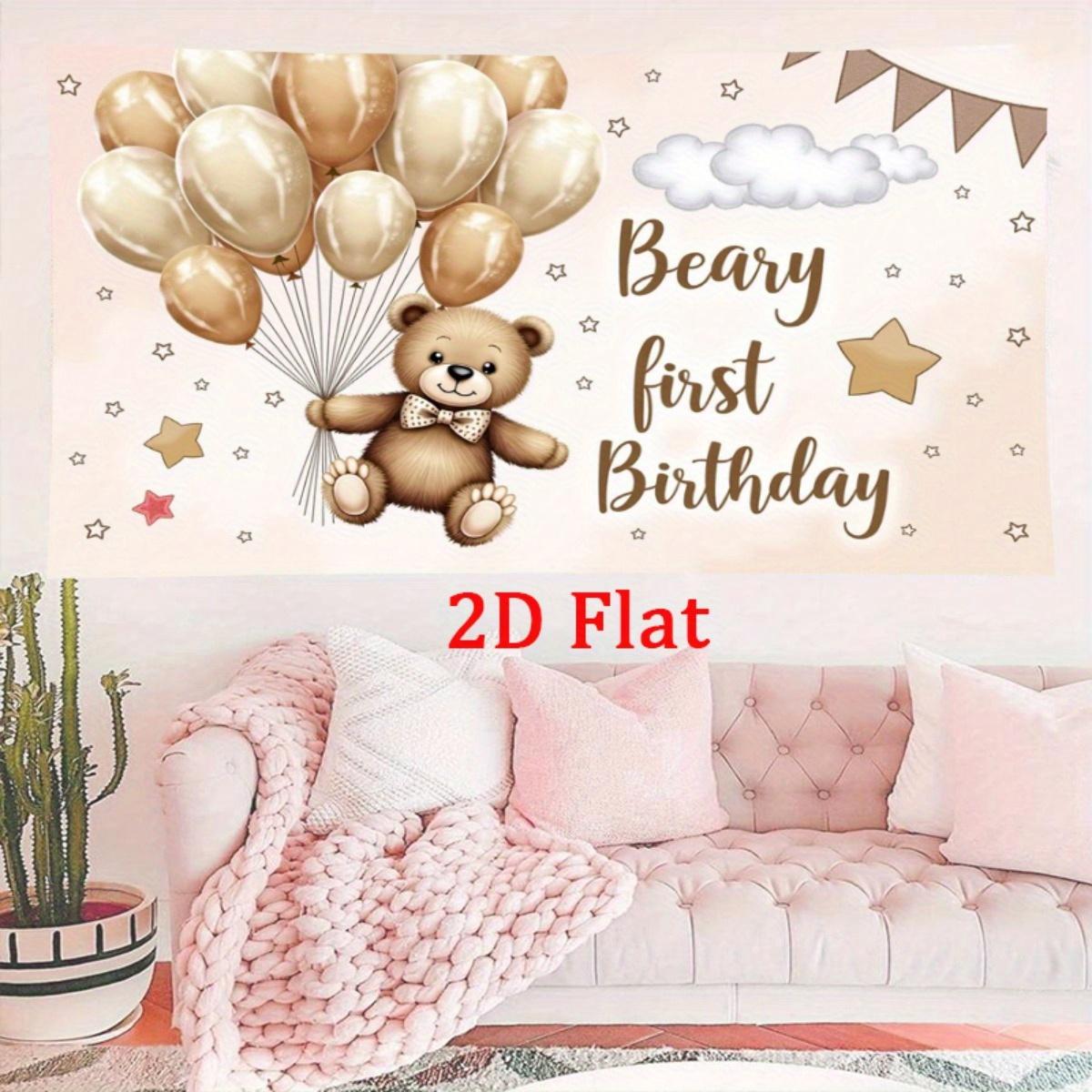 Teddy bear balloon and star fireworks backdrop set - Teddy s First Birthday party banner, polyester material 130x150cm