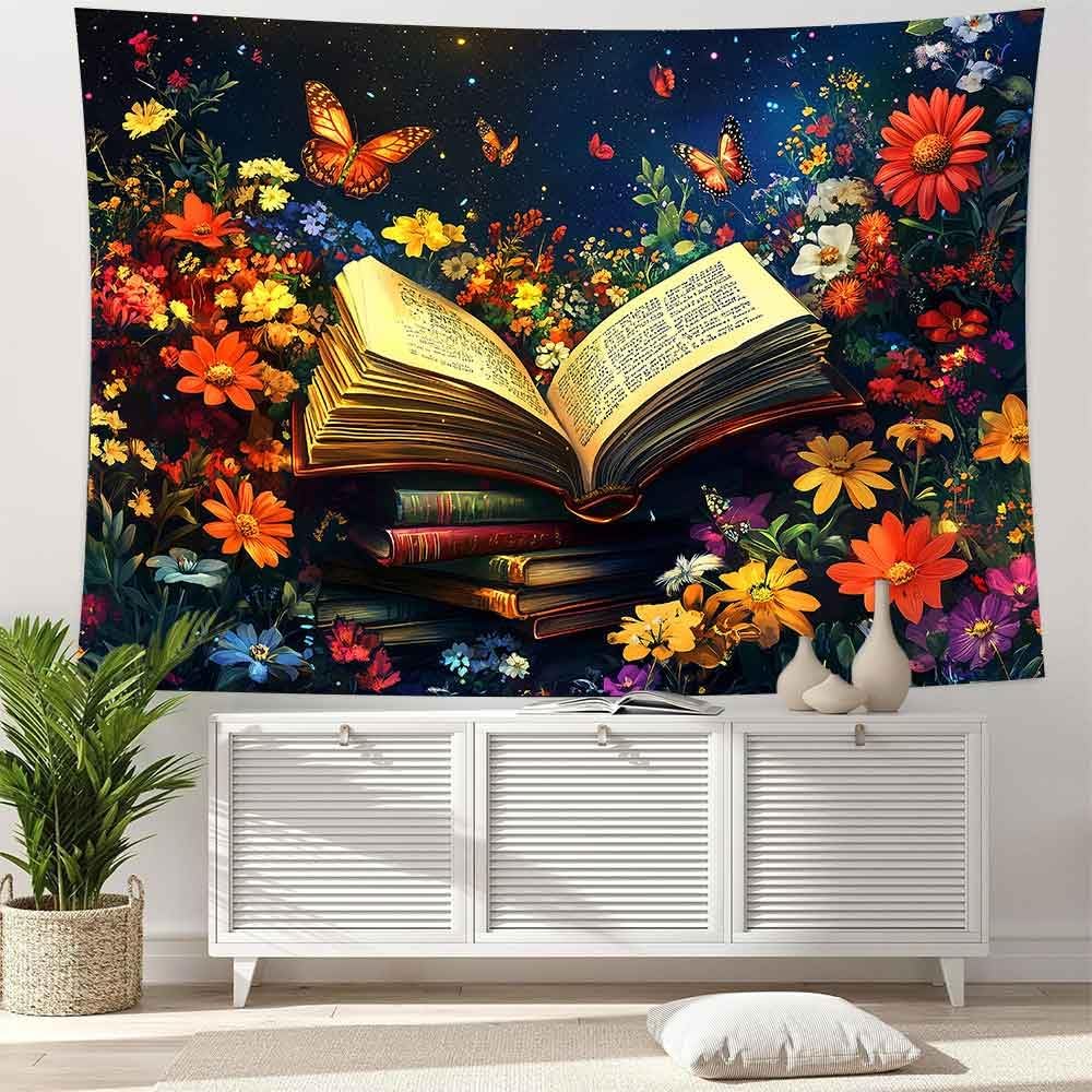Enchanted Book Tapestry, Calming Wall Art with Open Book, Colorful Flowers & Butterflies, Ideal for Home & Reading Nook