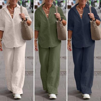 1 Set Women Summer Suit Turn-Down Collar Single-breasted Solid Color Shirt Trousers Two-piece Set Casual Wear Plus Size Cotton Linen