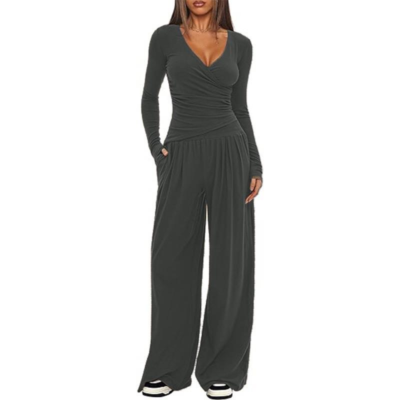 Women Casual Solid Loose Wide Leg Pants And Top Two Piece Set