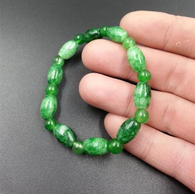 Jade Gan Qing Rice Bead & Oval Lu Lu Tong Couple Bracelet In Bright Emerald Green.