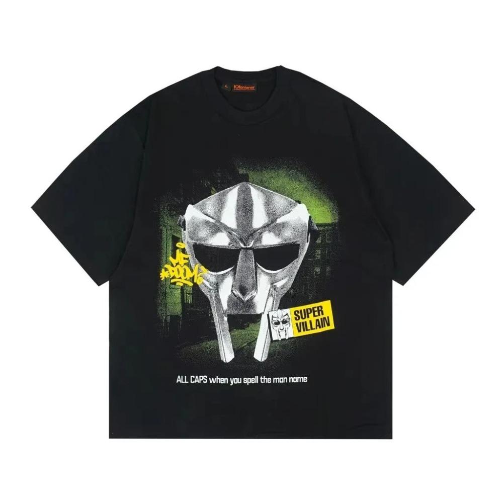MF DOOM Glitch Effect Metal Mask Graphic Black T-Shirt | Hip-Hop/Rap Fan Streetwear Merch Tee