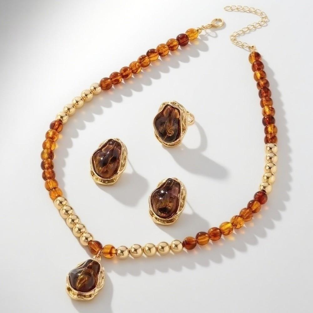 Elegant Style Artificial Pearl Jewelry Set Irregular Design Earrings Necklace Ring Set Women