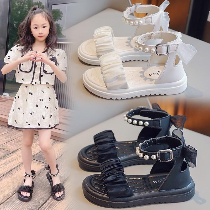 Girls Sandals Back Mesh Lace Bow Kids Princess Shoes Pleated Ins Trendy 2025 Summer New Girls Beach Shoes Soft Sole Non-slip