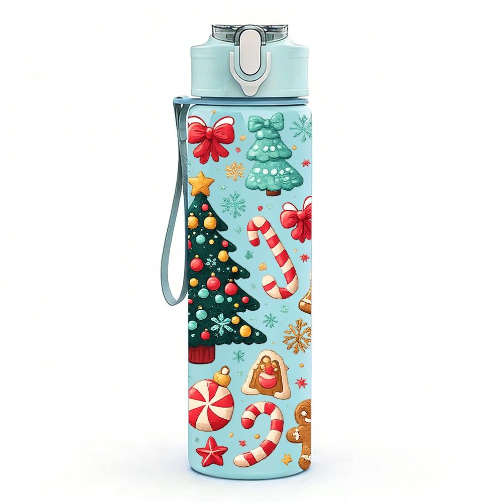 1PC Christmas Gnome Gift Festive Doodle Print 750ml Color Plastic Sports Water Bottle Leakproof Flip Straw Lid Suitable for Sports Office Home Use