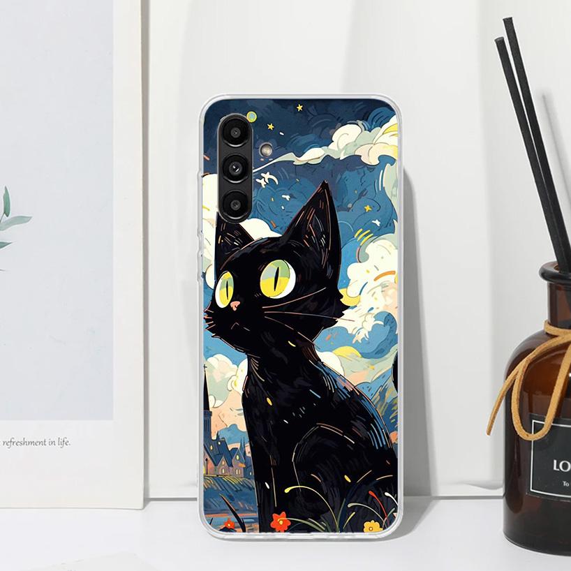 Anime Cute Black Cat Meow Phone Case For Samsung Galaxy A17 A37 A57 A16 A26 A36 A56 A15 A25 A35 A55 A14 A24 A34 A54 A13 A23 A33