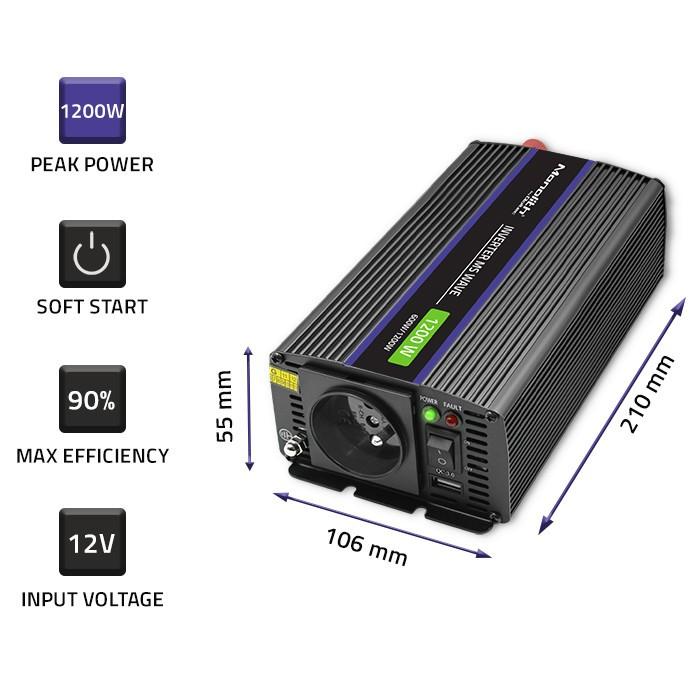Conversor de voltagem 600W, 1200W Onda Senoidal