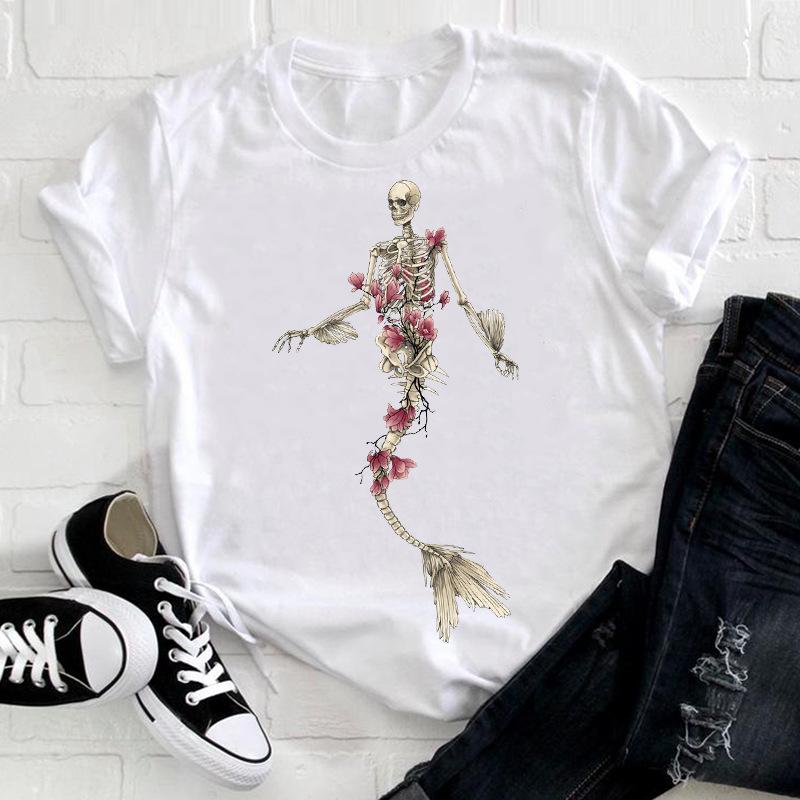 Summer Printed Floral Heart Pattern Base Shirt with White Letters Simple Pure Cotton Short Sleeved Women's T-Shirts Women’s