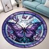 Stained Glass Purple Butterfly Round Rug Stunning Mosaic Art Print Non Slip Soft Carpet Bohemian Style Bedroom Decor