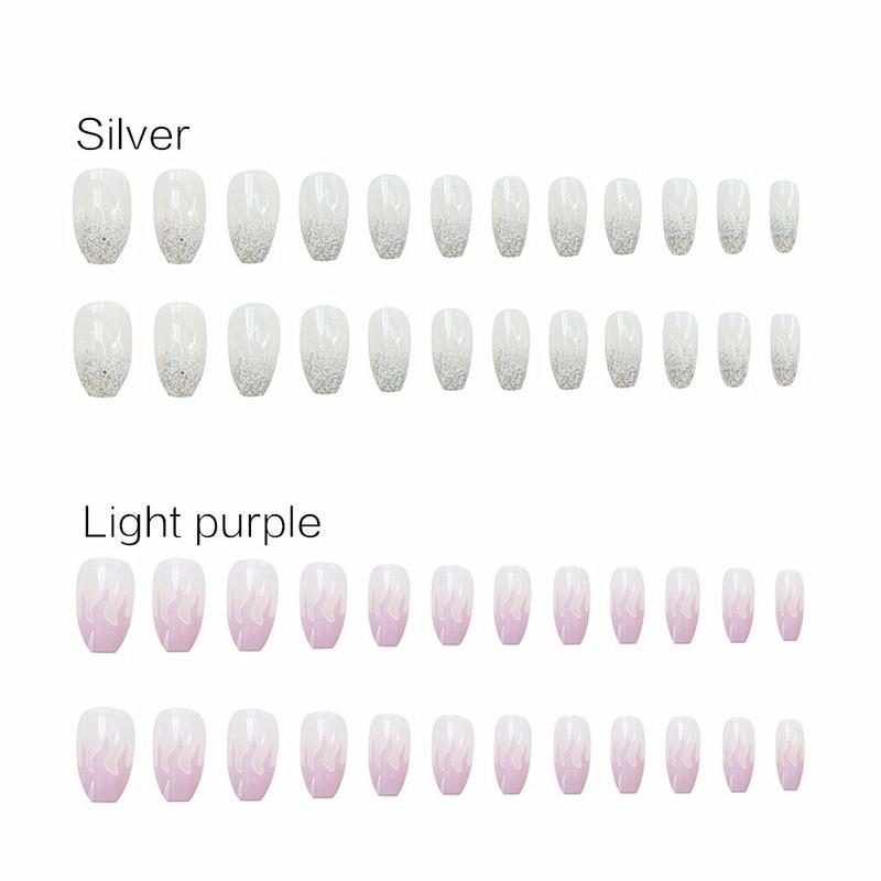 24pcs/set Reusable Flame Fake Nails Acrylic Coffin Ballerina Blue Pink Purple Silver Fire Full Cover False Nails Nail Tips Nail Art Tools