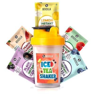 Bevzilla Instant Ice Tea & Bottle Pack with 5 Flavoured Sachets| Black Currant, Watermelon, Blueberry, Peach Passion & Lemon | Leak Proof