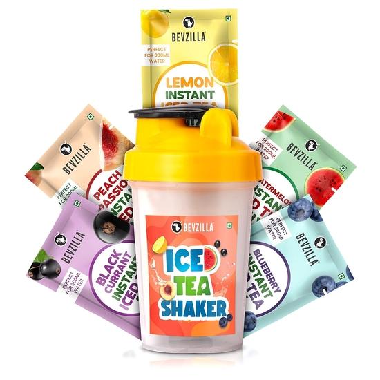 

Bevzilla Набор для приготовления растворимого холодного чая и бутылка с 5 ароматизированными пакетиками | Черная смородина, Арбуз, Черника, Персик-маракуйя и Лимон | Герметичный