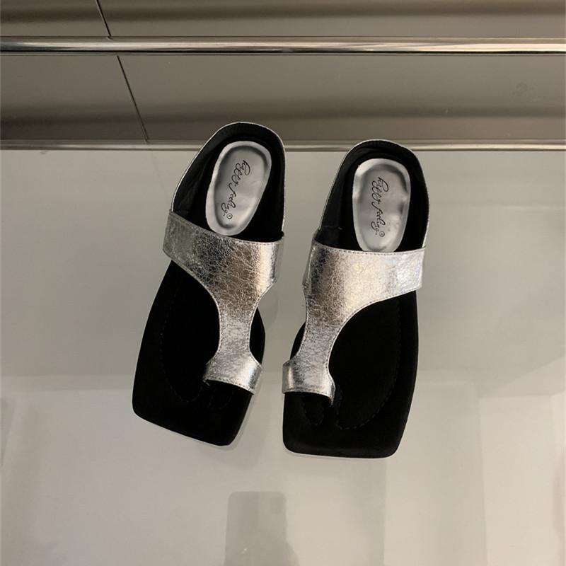 

Fashion Bailamos Fashion Women Slippers Basic Toe Ring Women s Sandals Summer Retro Peep Toe Solid Daily Casual Flat Sandals Beach Slide 40 серебряный