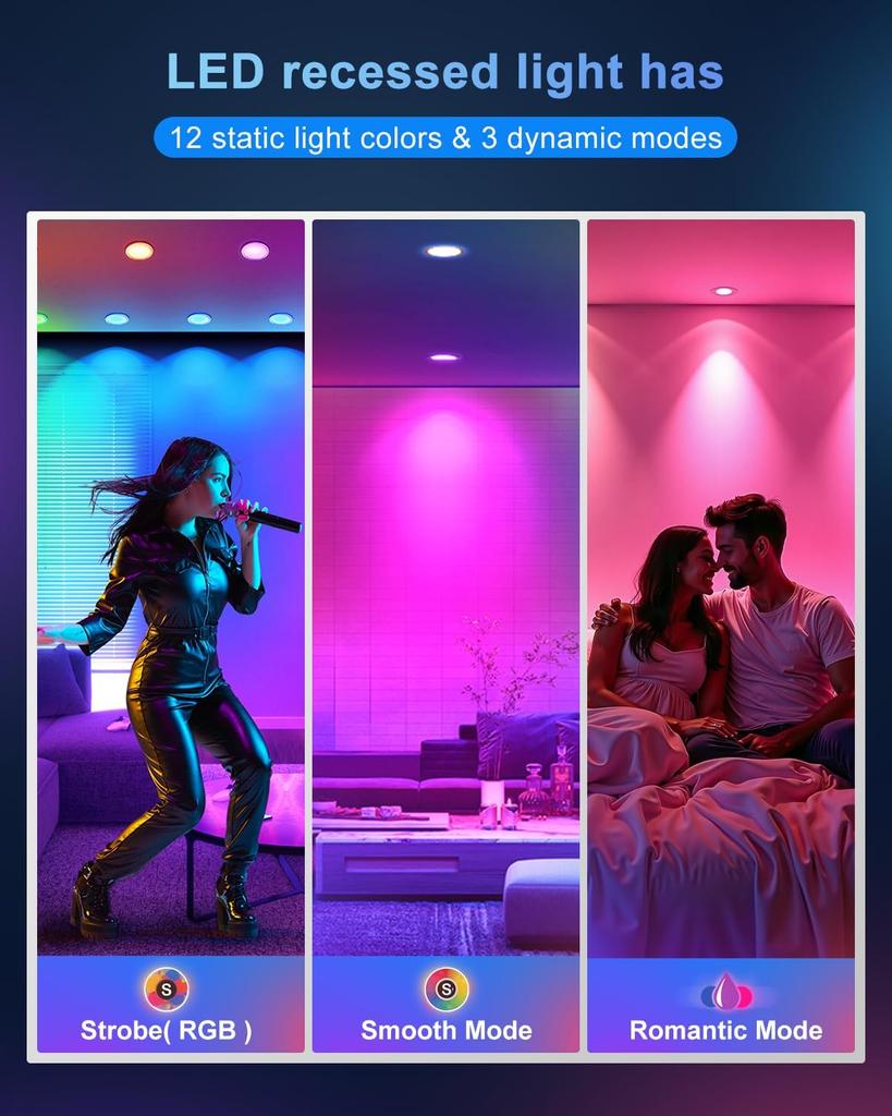 Smart RGB WiFi Downlight 5W, 1-10PCS APP Voi Controlled Color Changing LED Ressed Light for Google Home and Alexa
