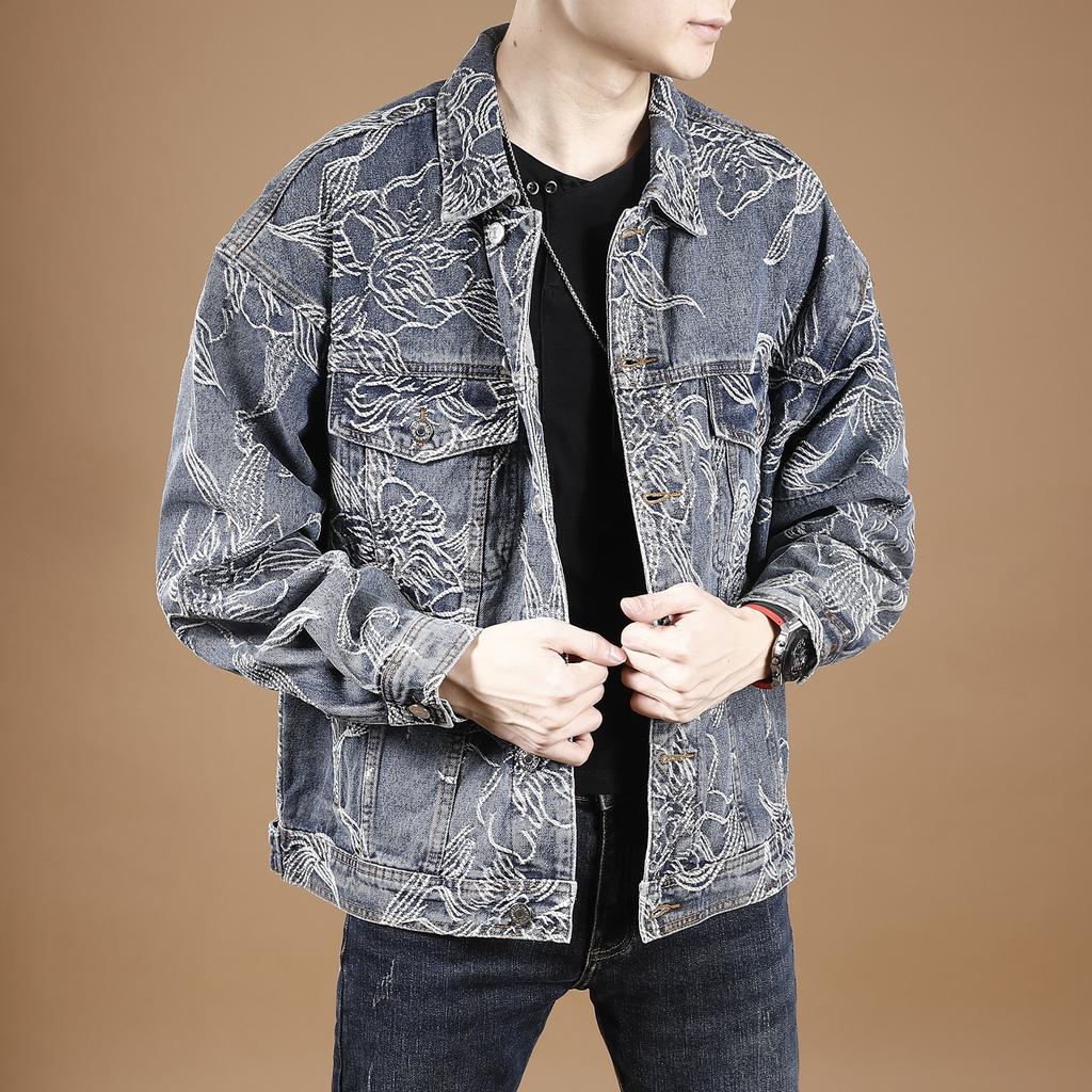 Niche High-End Full Of Floral Embroidery Trendy Denim Jacket Men'S Loose High Street Tooling Jacket Men