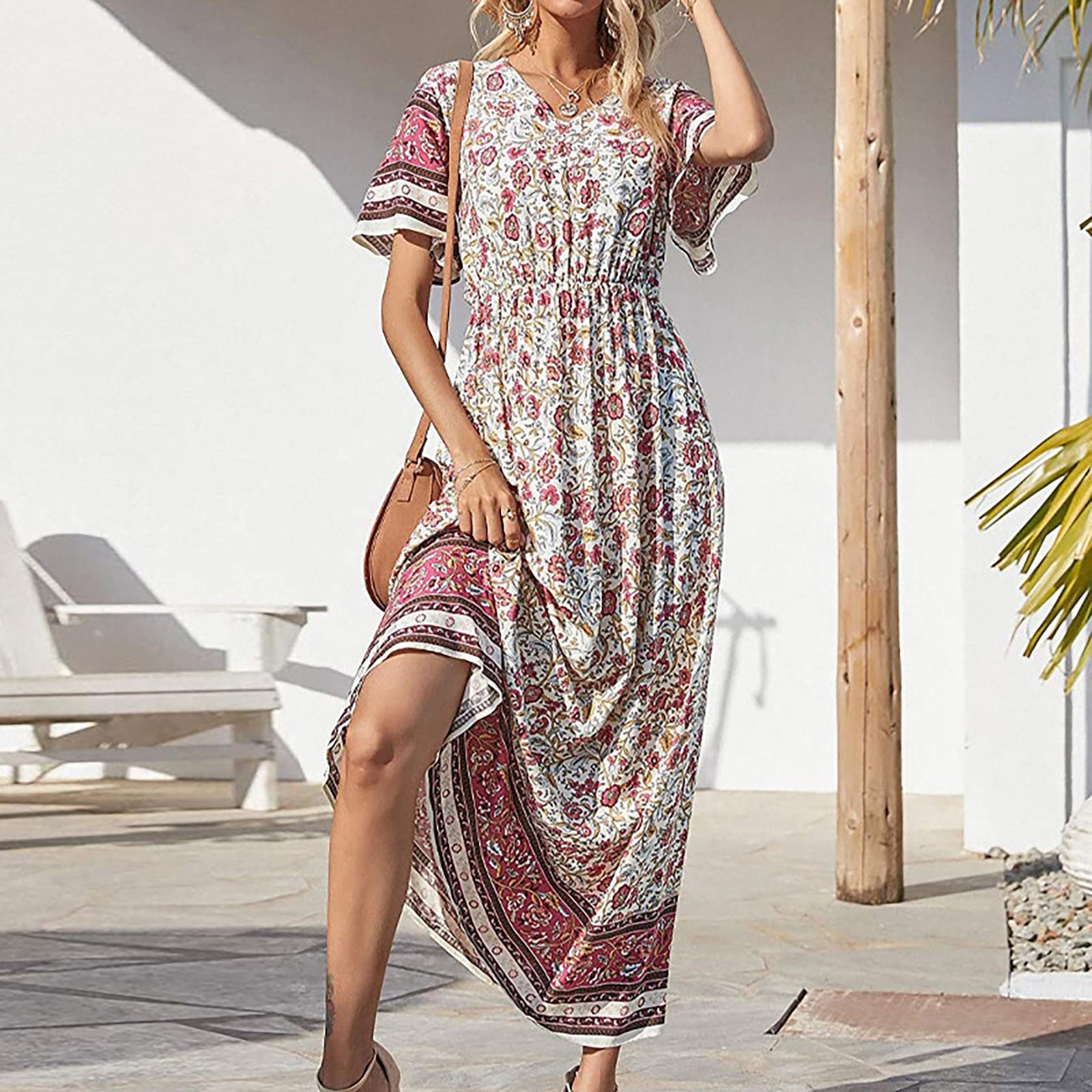 

Женская мода повседневное этническое богемное пляжное платье с принтом для отпуска длинная юбка S бежевый