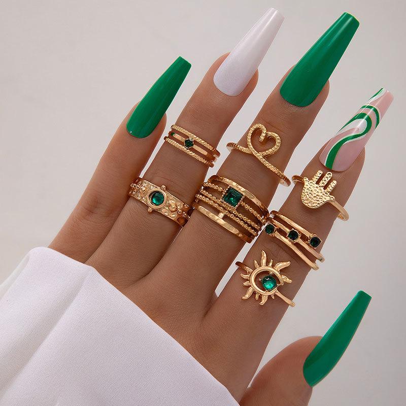 Accessories, Vintage Metal Imitation Emerald Diamond Set Love Snake Multi-piece Ring Set