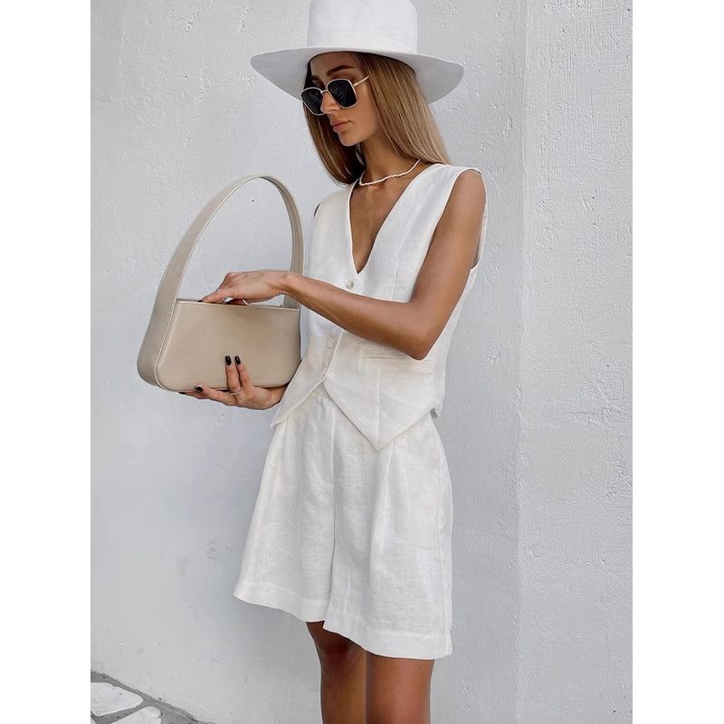 European and American Design Cotton and Linen Suit Vest Shorts Leisure Vest Set Women Suit Vest Shorts Set