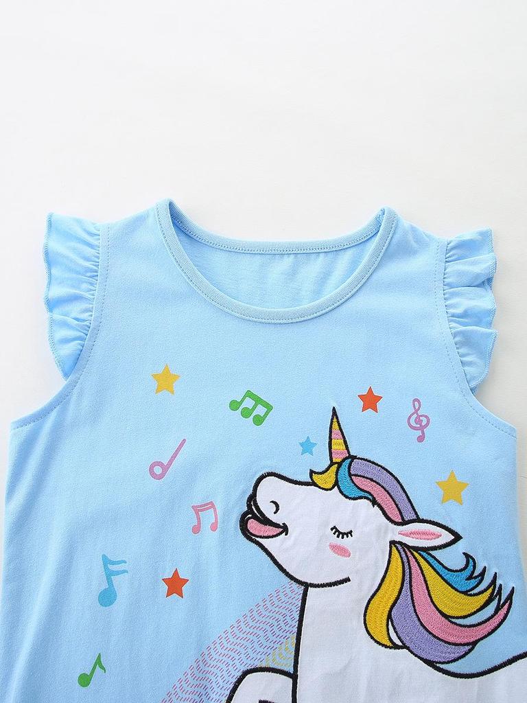 Girls' Unicorn Print Shorts & Top Set - European/American Style, Cute Summer Outfit