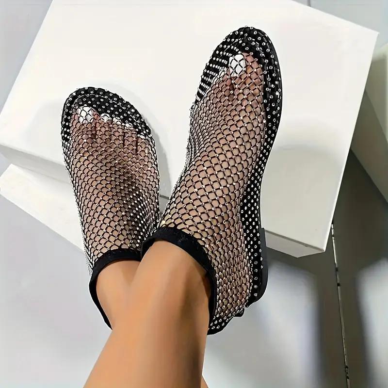 Women's Rhinestone Decor Flat Shoes, Casual Hollow Out Design Summer Shoes, Comfortable Slip On Shoes