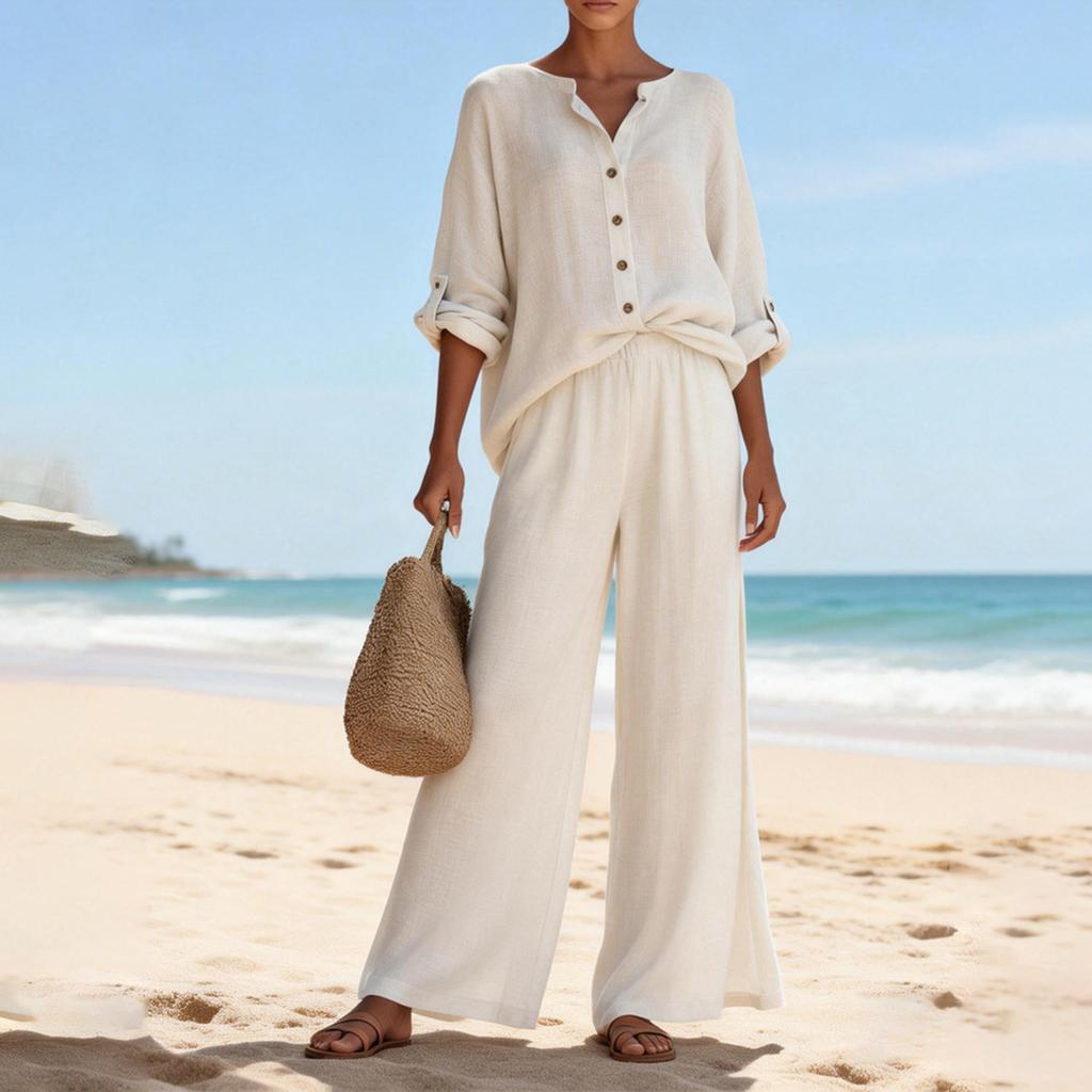 Women's Casual V-neck Long Sleeved Shirt Long Pants Two-piece Set