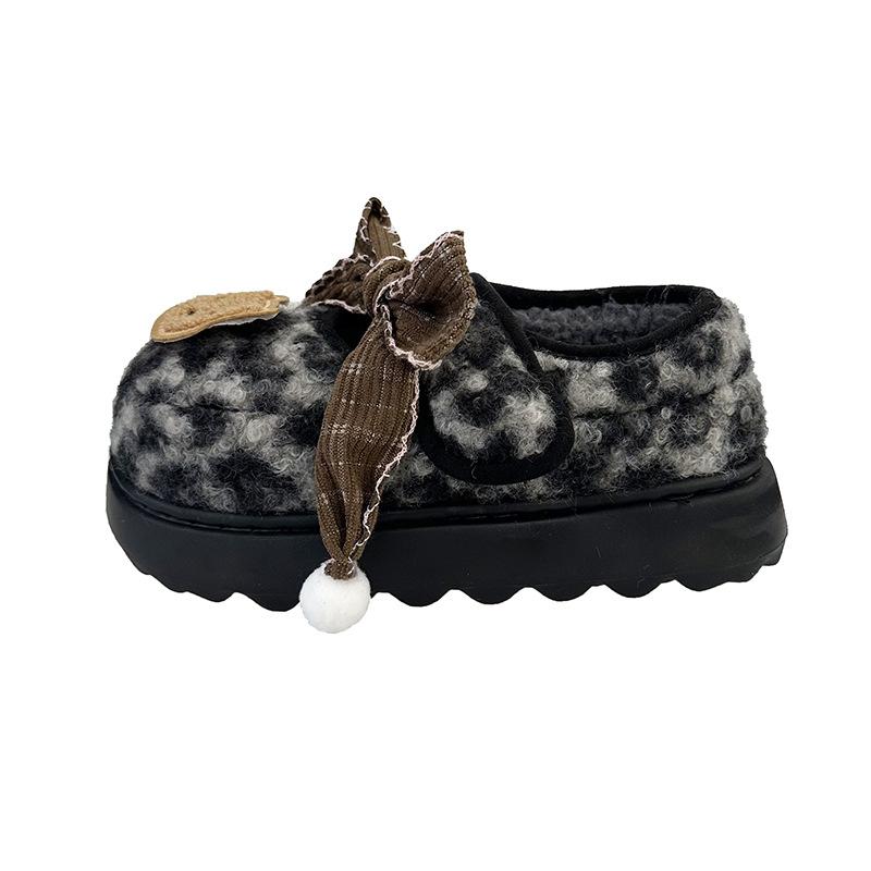 Leopard print broken diamond flat Mary Jane shoes cartoon platform fluffy shoes women's autumn and winter fashion versatile cotton shoes plush sing