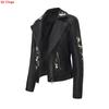 Nuova Giacca da Donna in Ecopelle Nera per l'Autunno; Cappotto in PU Ricamato Floreale Bianco; Top Marrone Scuro Stile Motociclista.