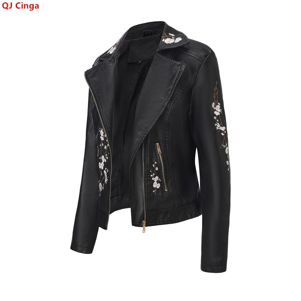 Nuova Giacca da Donna in Ecopelle Nera per l'Autunno; Cappotto in PU Ricamato Floreale Bianco; Top Marrone Scuro Stile Motociclista.