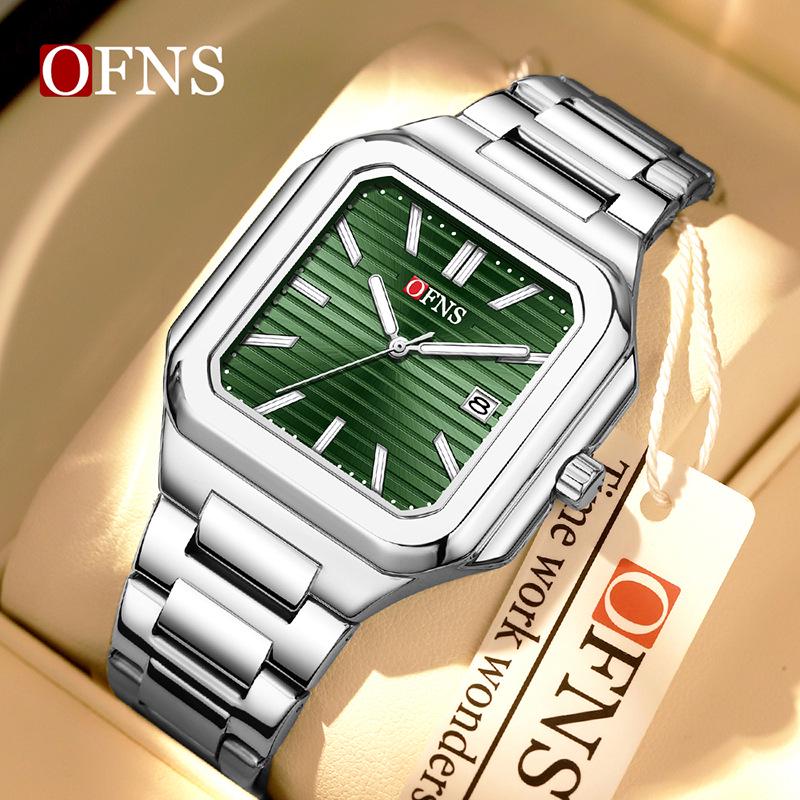 OFNS Luminous Square Steel Band Quartz Watch with Calendar