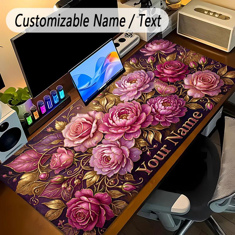 Floral Garden Theme Personalized Mouse Pad Custom Name Text Non Slip Desk Pad For Laptop Office Desktop