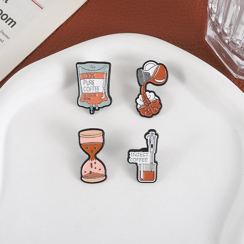 Inject Coffee Enamel Pin Medical Syringe Infusion Bags Pure Coffee Brooches Lapel Badge Jewelry Gift For Coffee Lover Friends