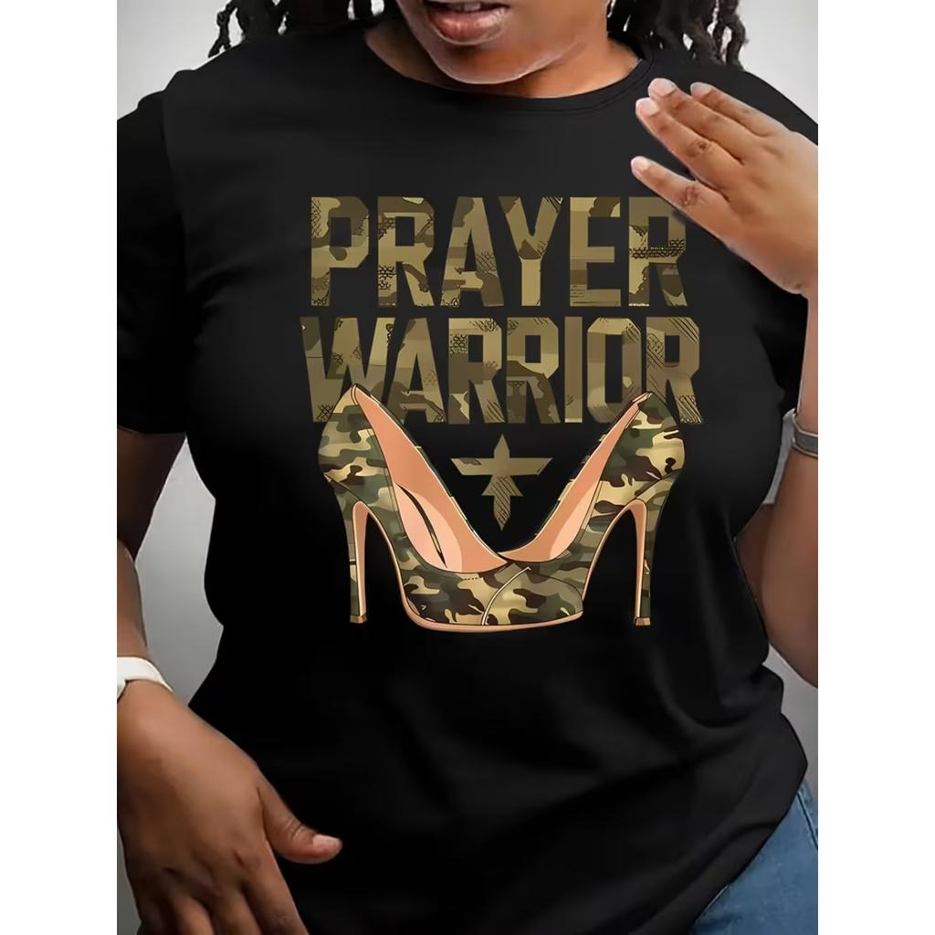 Women'S Casual Crew Neck Polyester T-Shirt with Prayer Warrior & High-Heels Camo Graphic, All-Season Comfort Knit Fabric Tee
