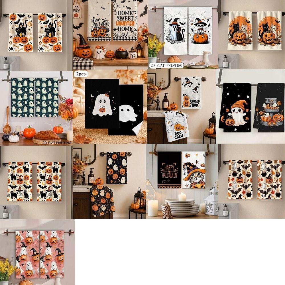 2 pcs Pumpkin Halloween Dish Towels Ghost Dishcloth Durable Hand Towel New Home Gift