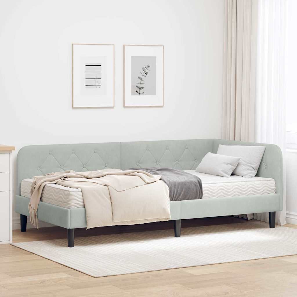Corner Bed Frame Light Grey 90 X 190 Cm Velvet